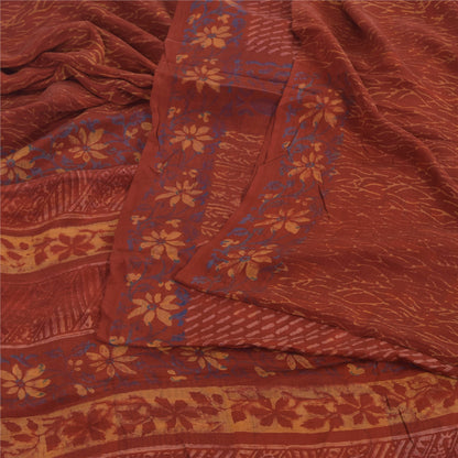 Sanskriti Vintage Sarees Orange Pure Crepe Silk Printed Sari 5yd Craft Fabric