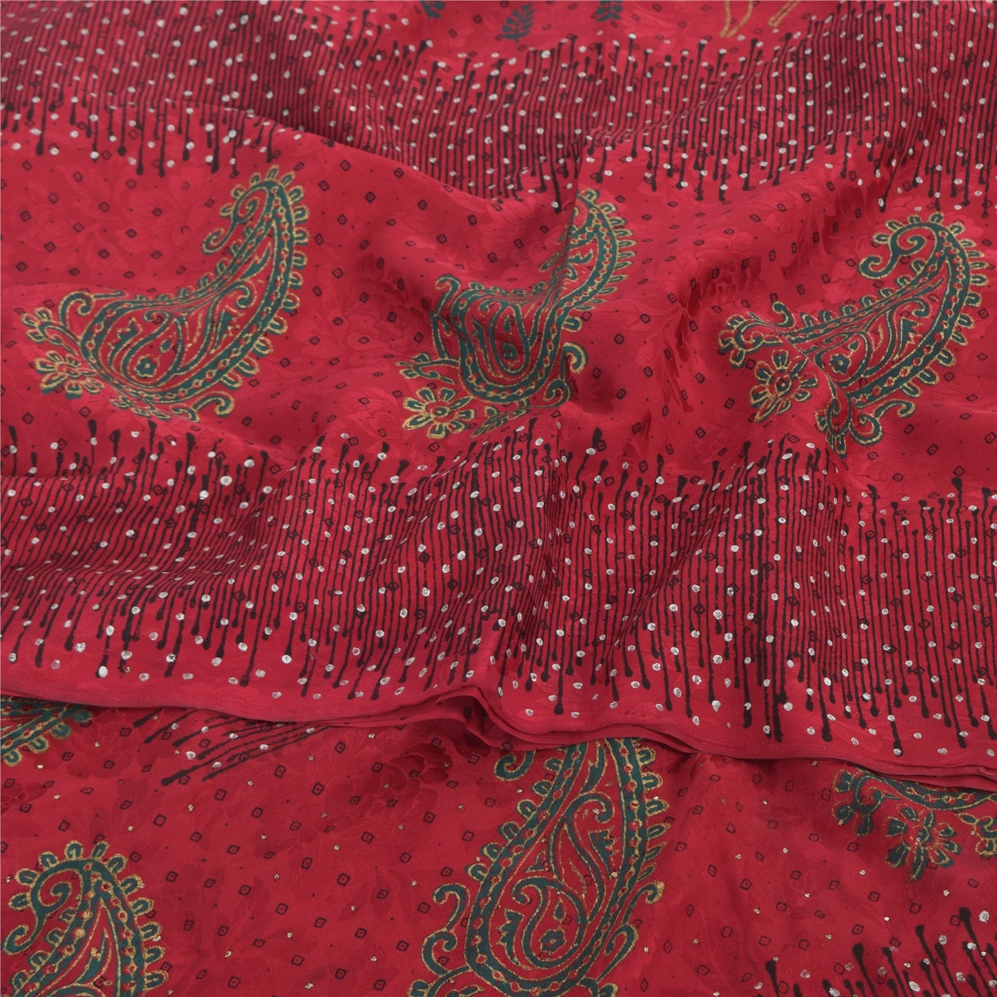 Sanskriti Vintage Sarees Red Mukesh/Sparkle Pure Crepe Printed Sari 6yd Fabric