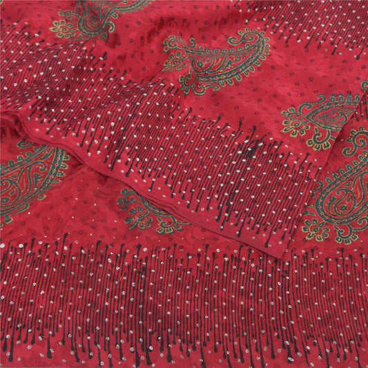 Sanskriti Vintage Sarees Red Mukesh/Sparkle Pure Crepe Printed Sari 6yd Fabric