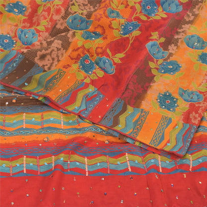 Sanskriti Vintage Sarees Multi Pure Crepe Silk Sequins Printed Sari Craft Fabric