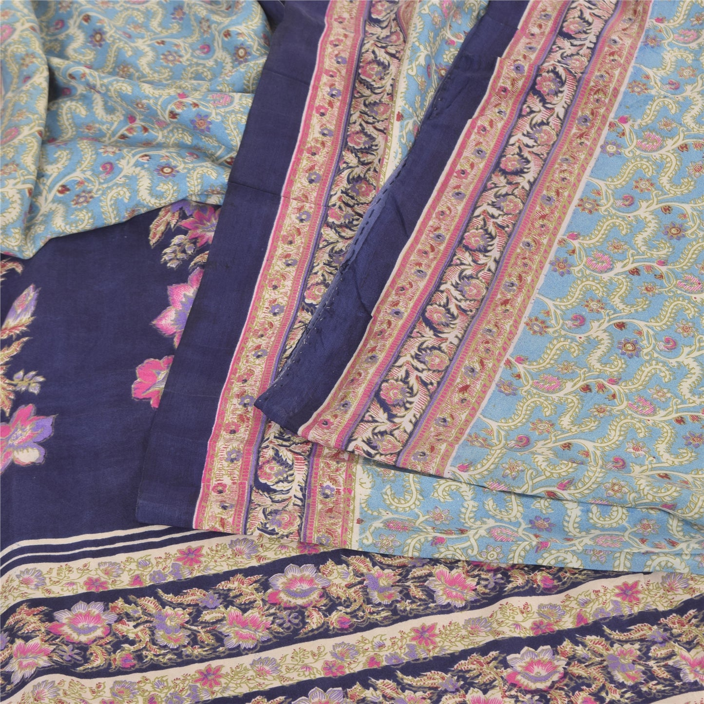 Sanskriti Vintage Sarees Blue 100% Pure Crepe Silk Printed Sari 5yd Craft Fabric