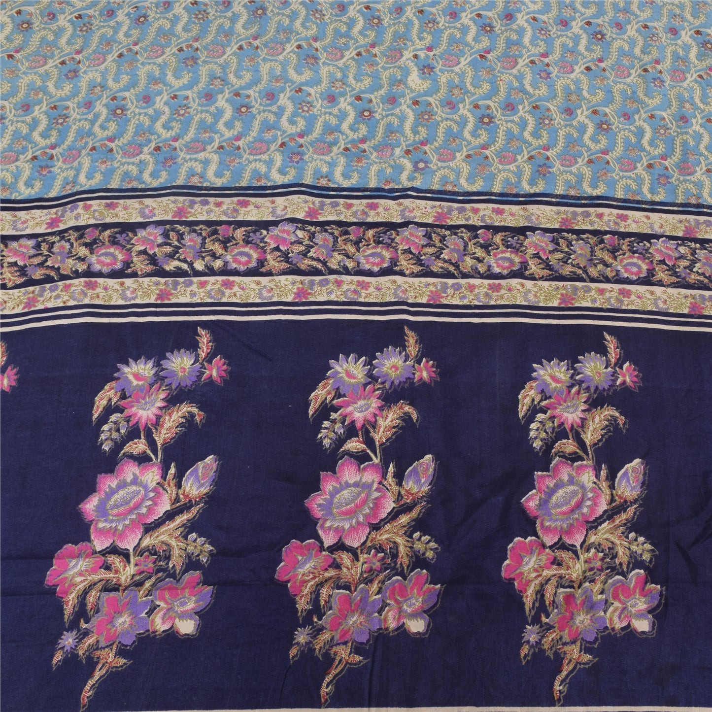 Sanskriti Vintage Sarees Blue 100% Pure Crepe Silk Printed Sari 5yd Craft Fabric