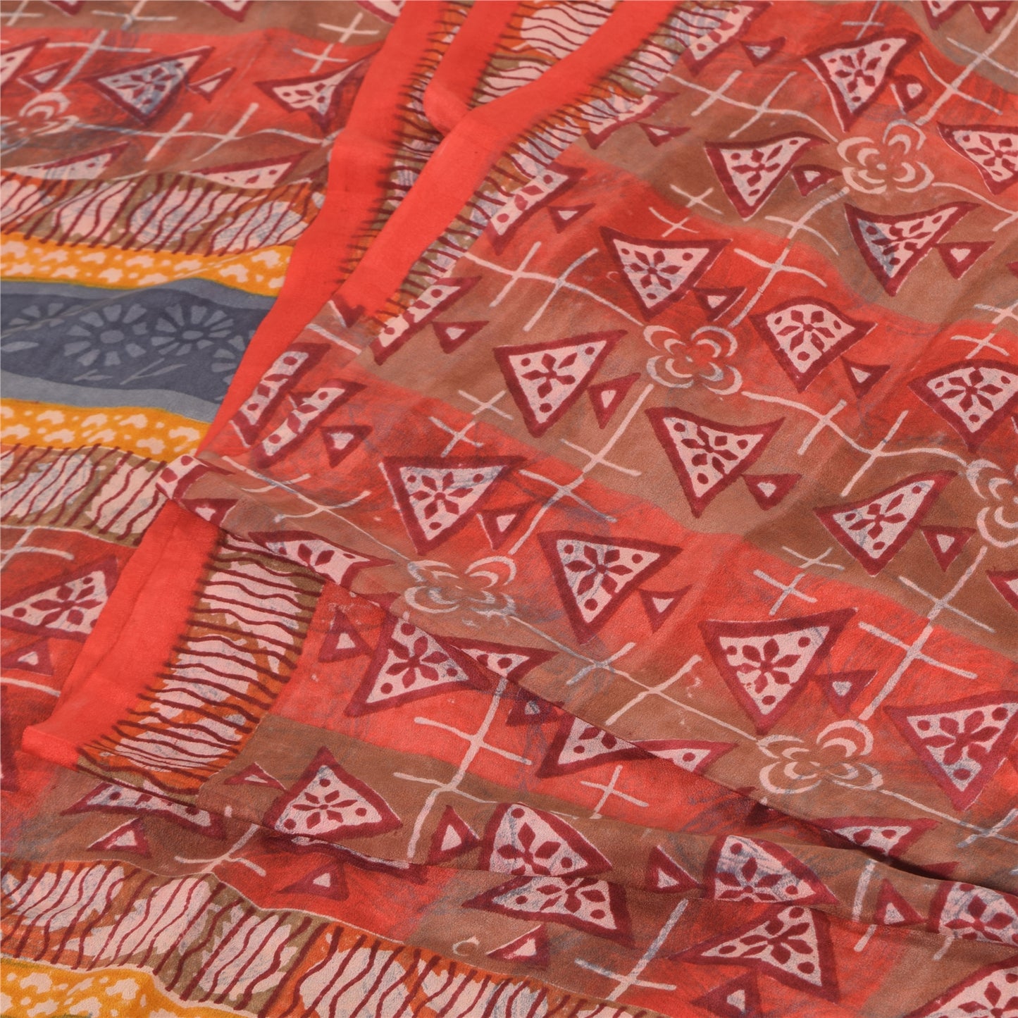 Sanskriti Vintage Sarees Red Indian Pure Crepe Silk Print Sari 5yd Craft Fabric