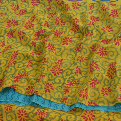 Sanskriti Vintage Sarees Blue/Green Pure Crepe Silk Print Sari 5yd Craft Fabric