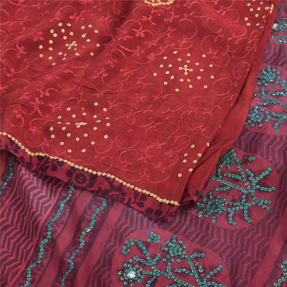 Sanskriti Vintage Sarees Red Tie-Dye Hand Beaded Pure Crepe Sari Craft Fabric