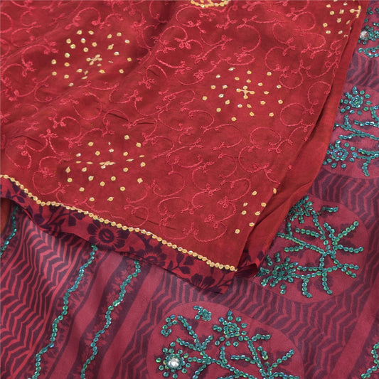 Sanskriti Vintage Sarees Red Tie-Dye Hand Beaded Pure Crepe Sari Craft Fabric