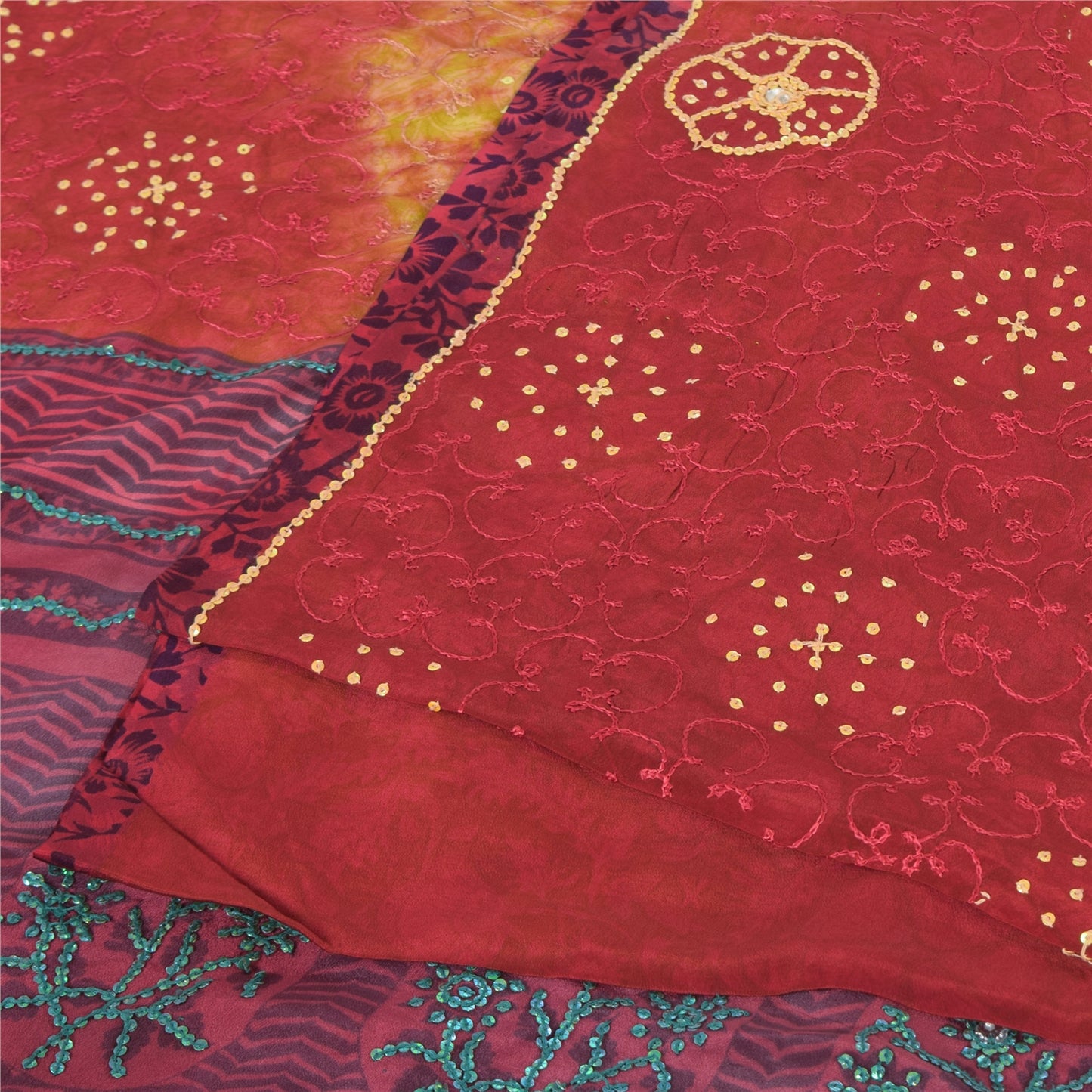 Sanskriti Vintage Sarees Red Tie-Dye Hand Beaded Pure Crepe Sari Craft Fabric