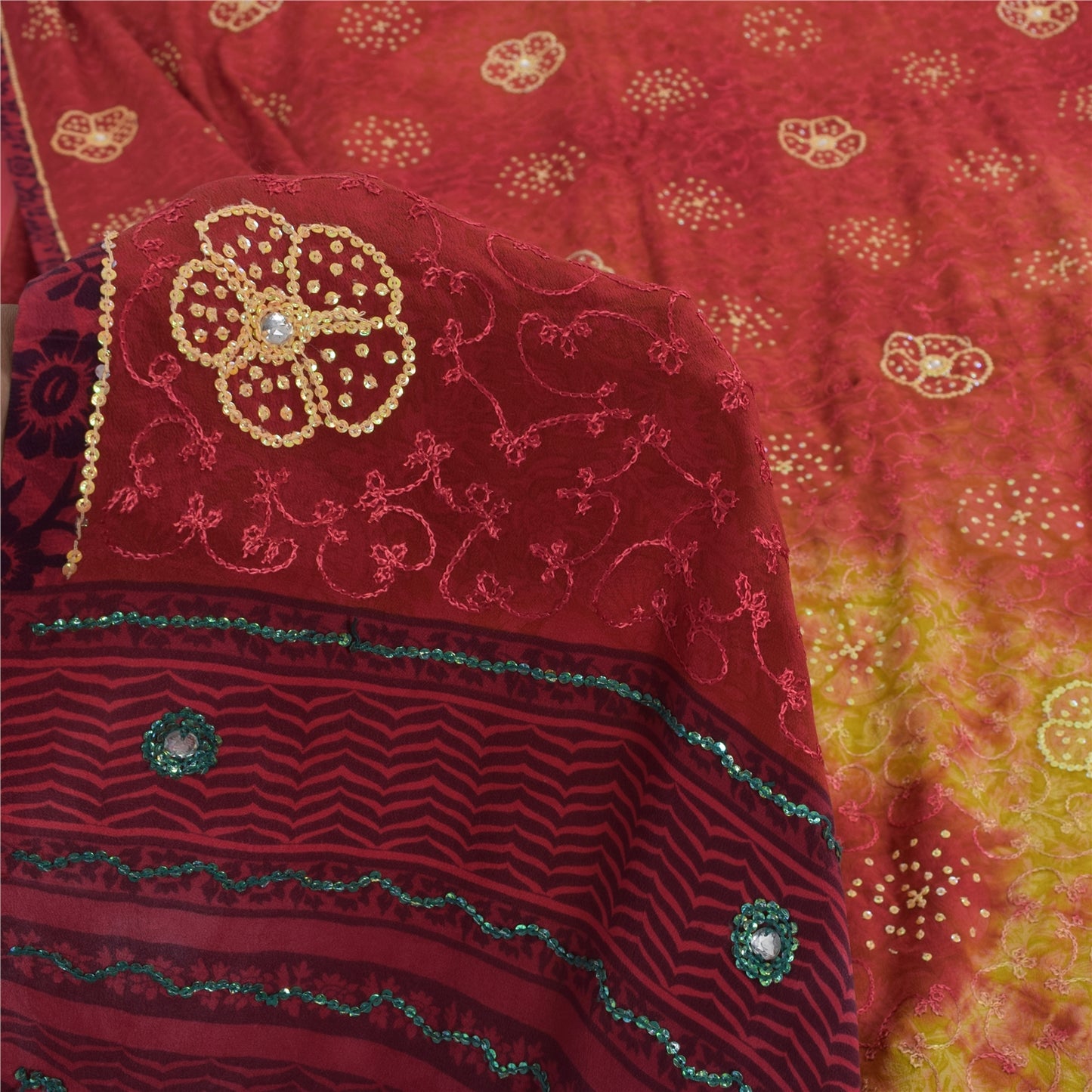 Sanskriti Vintage Sarees Red Tie-Dye Hand Beaded Pure Crepe Sari Craft Fabric