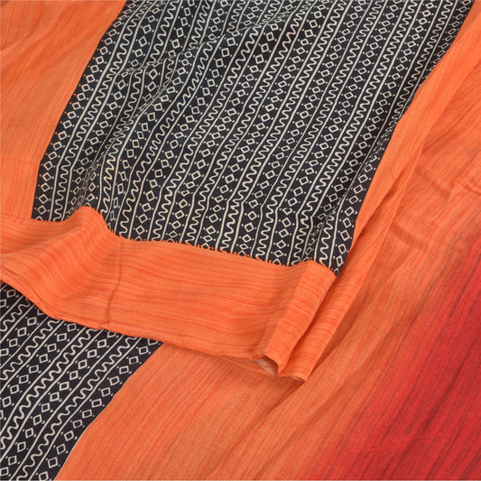 Sanskriti Vintage Sarees Black/Orange Pure Crepe Silk Print Sari Craft Fabric