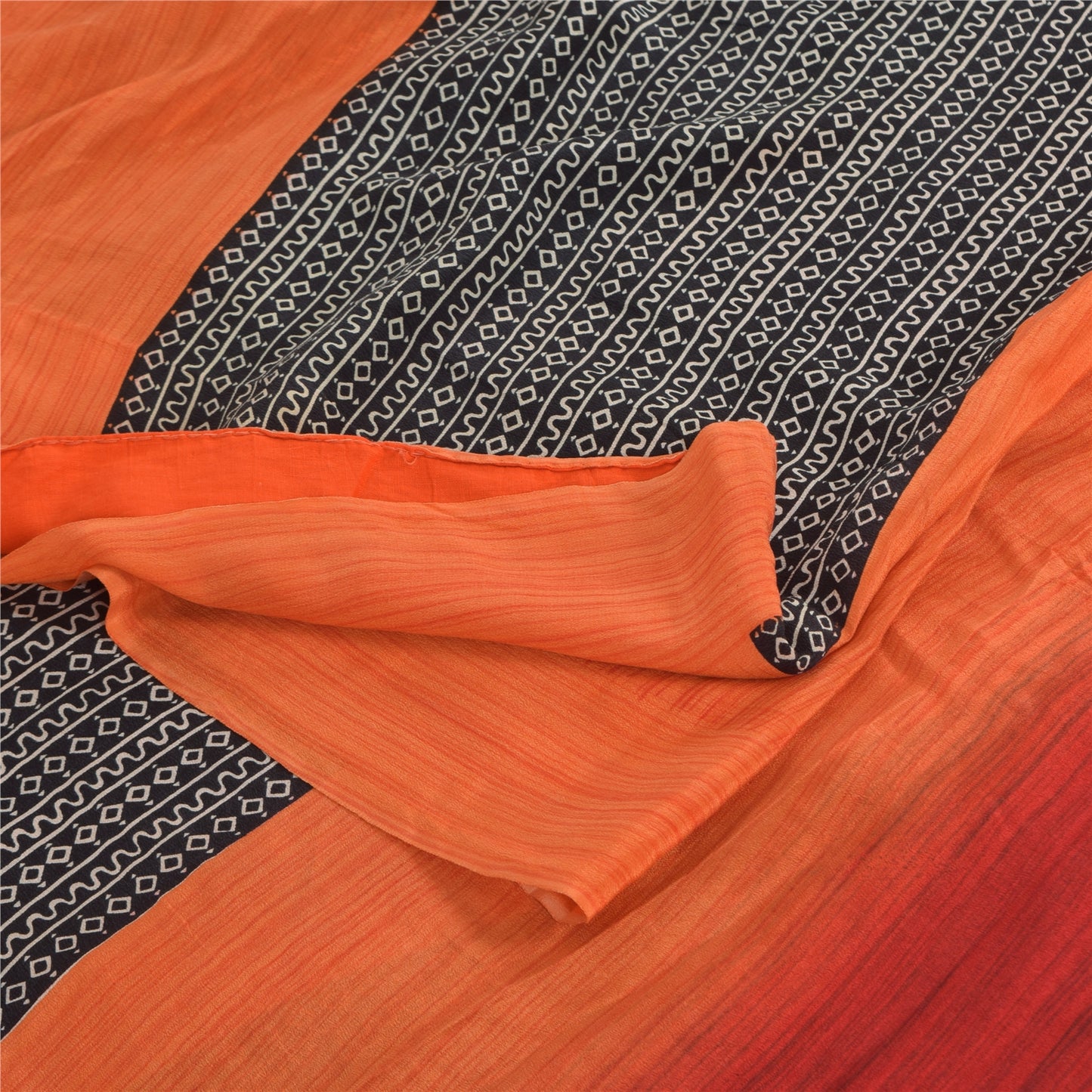 Sanskriti Vintage Sarees Black/Orange Pure Crepe Silk Print Sari Craft Fabric