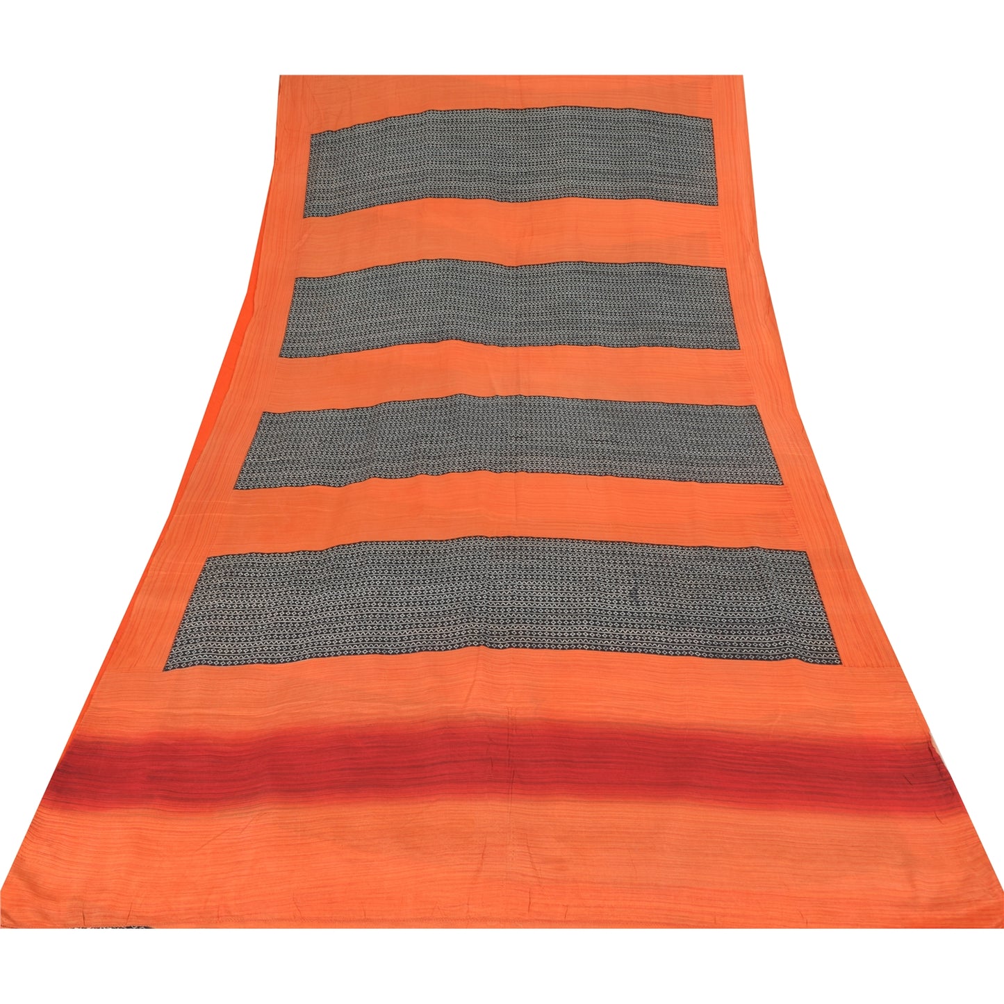 Sanskriti Vintage Sarees Black/Orange Pure Crepe Silk Print Sari Craft Fabric