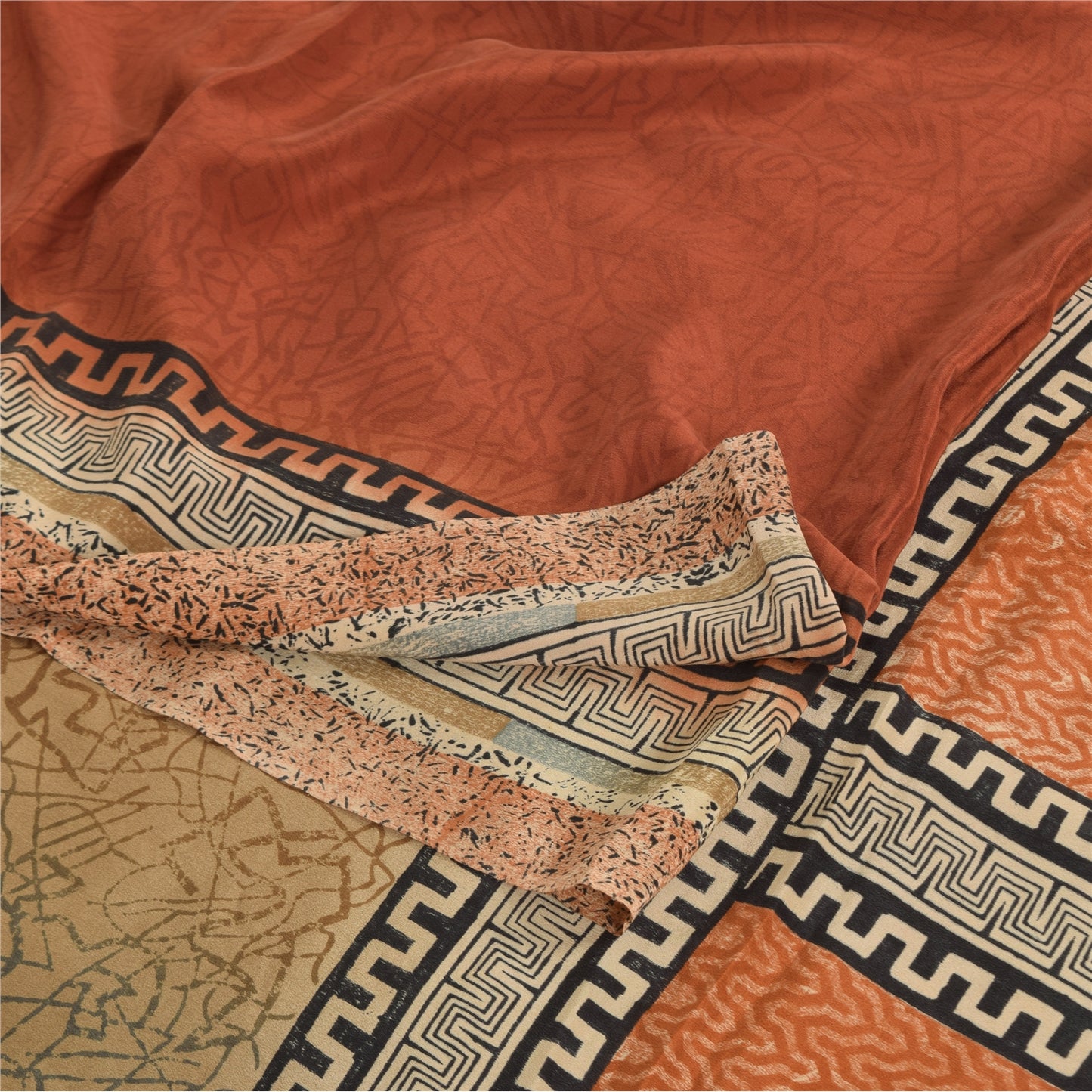 Sanskriti Vintage Sarees Orange Pure Crepe Silk Printed Sari 5yd Craft Fabric