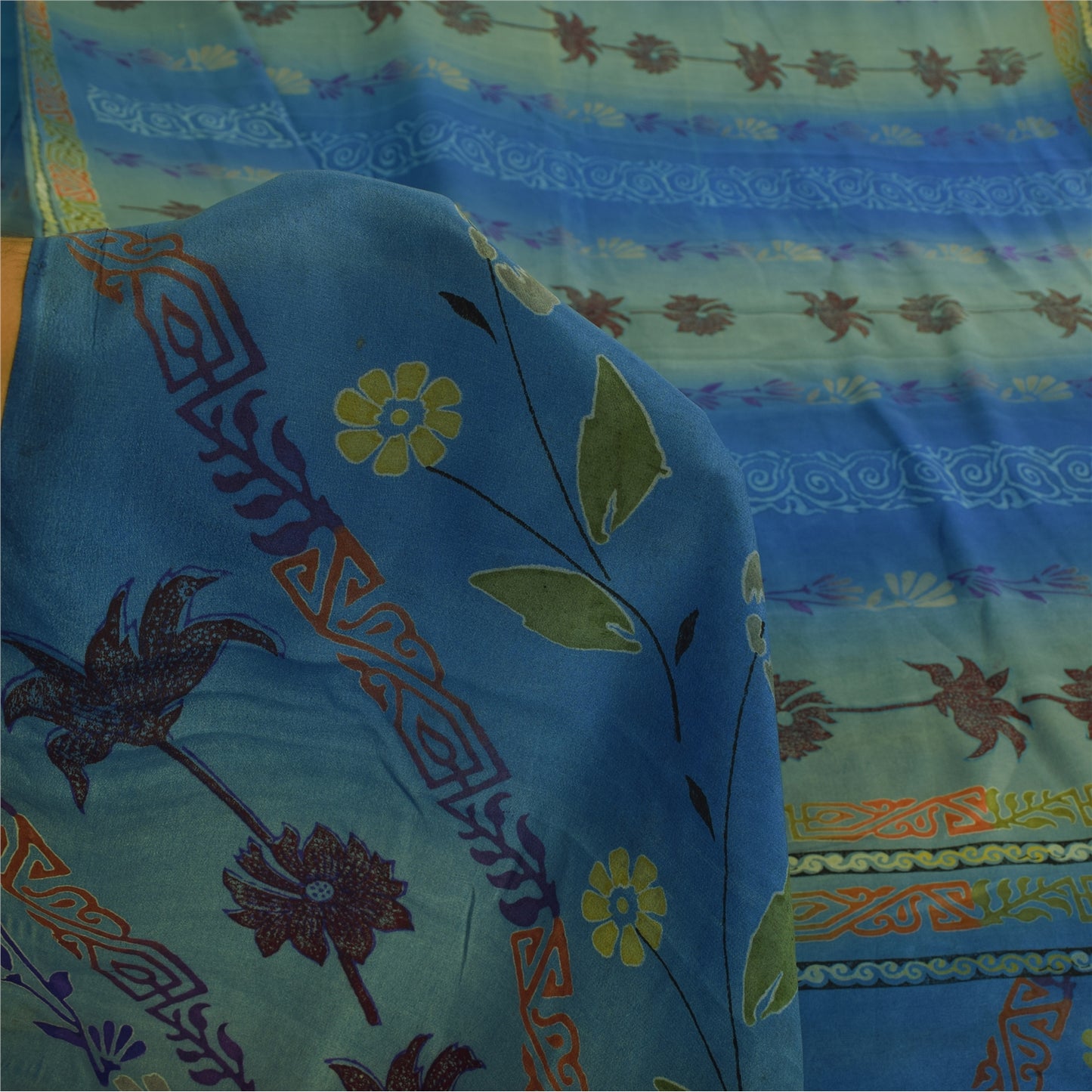 Sanskriti Vintage Sarees Blue/Green Pure Crepe Silk Print Sari 6yd Craft Fabric