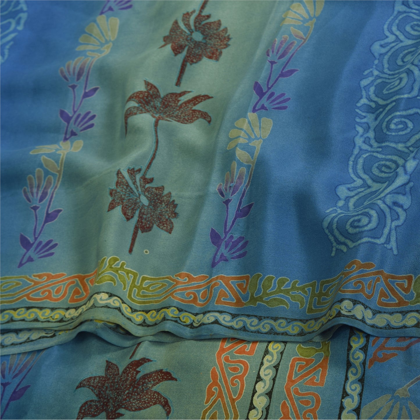 Sanskriti Vintage Sarees Blue/Green Pure Crepe Silk Print Sari 6yd Craft Fabric