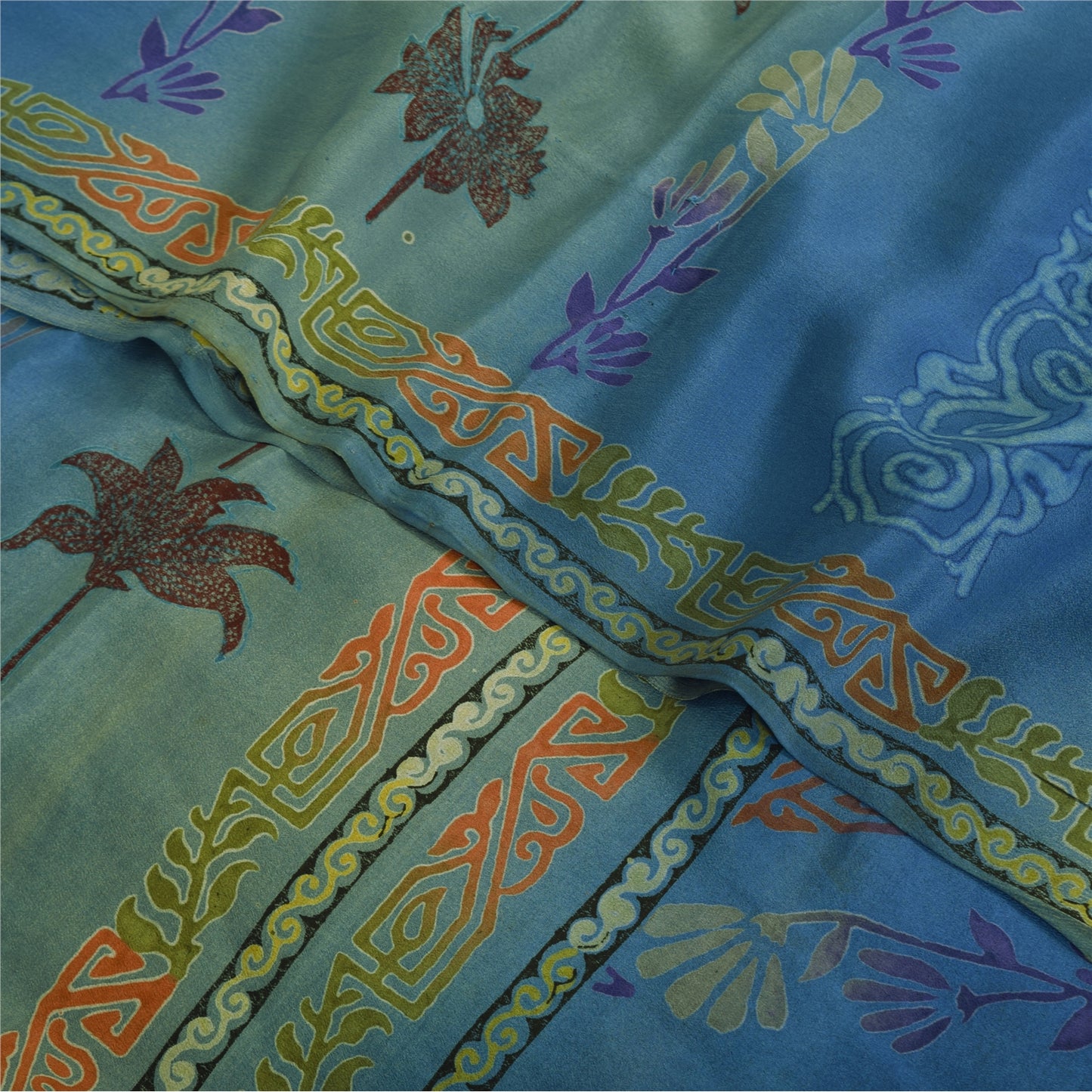 Sanskriti Vintage Sarees Blue/Green Pure Crepe Silk Print Sari 6yd Craft Fabric