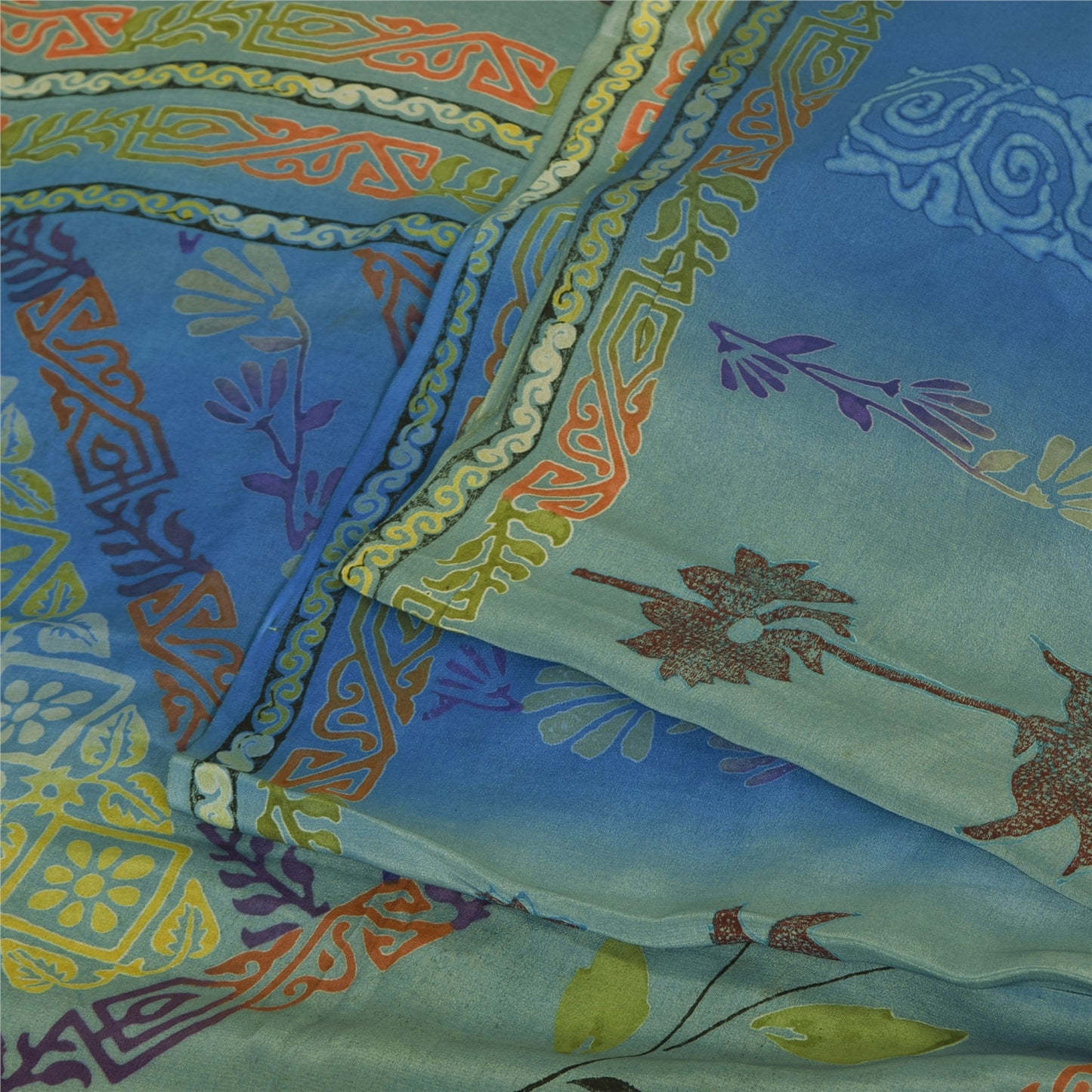 Sanskriti Vintage Sarees Blue/Green Pure Crepe Silk Print Sari 6yd Craft Fabric