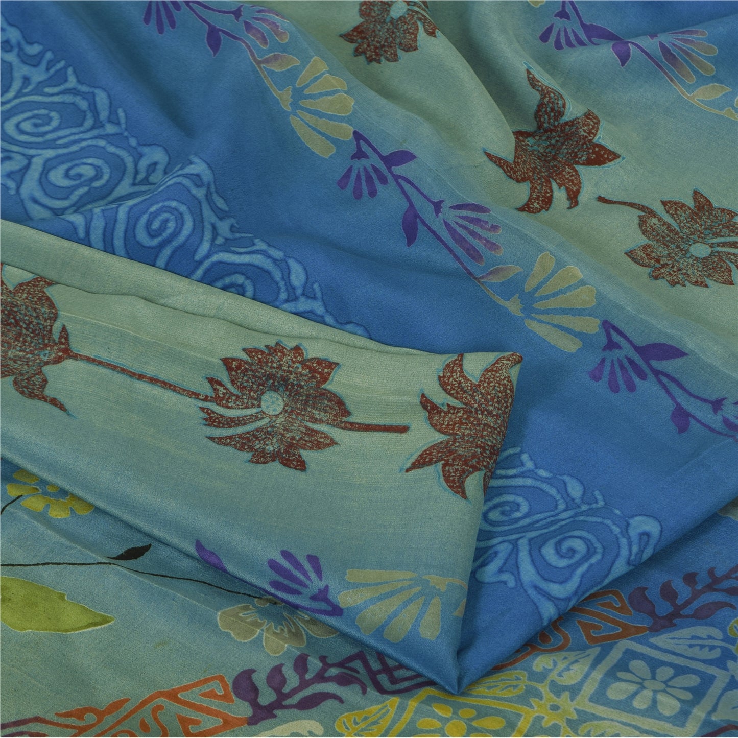 Sanskriti Vintage Sarees Blue/Green Pure Crepe Silk Print Sari 6yd Craft Fabric