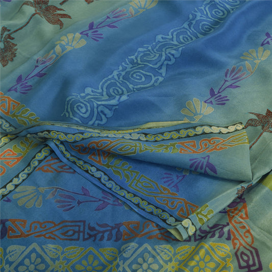 Sanskriti Vintage Sarees Blue/Green Pure Crepe Silk Print Sari 6yd Craft Fabric