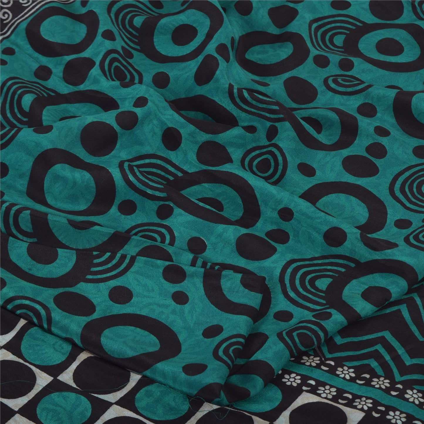 Sanskriti Vintage Sarees Green/Black Pure Crepe Silk Printed Sari Craft Fabric