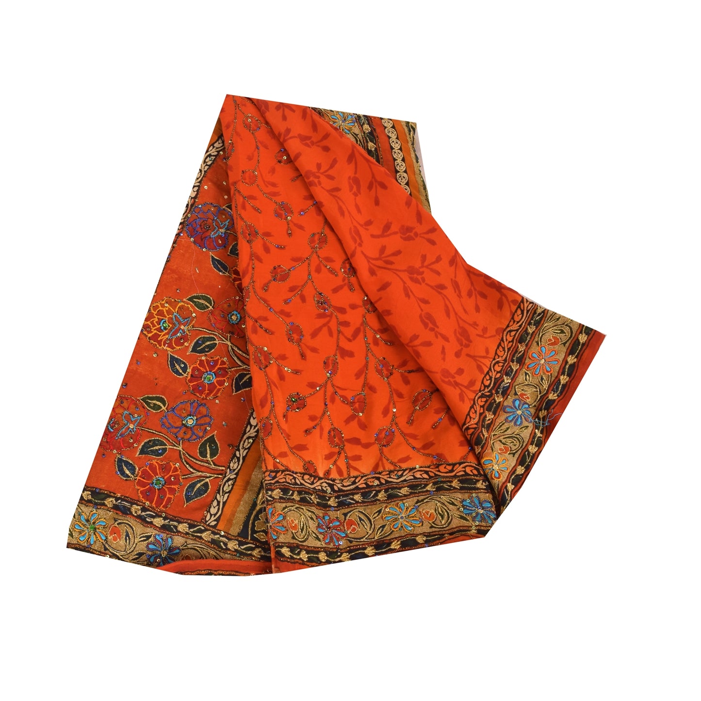 Sanskriti Vintage Sarees Orange Hand Beaded Pure Crepe Silk Printed Sari Fabric