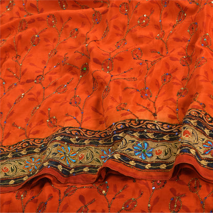 Sanskriti Vintage Sarees Orange Hand Beaded Pure Crepe Silk Printed Sari Fabric