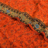 Sanskriti Vintage Sarees Orange Hand Beaded Pure Crepe Silk Printed Sari Fabric