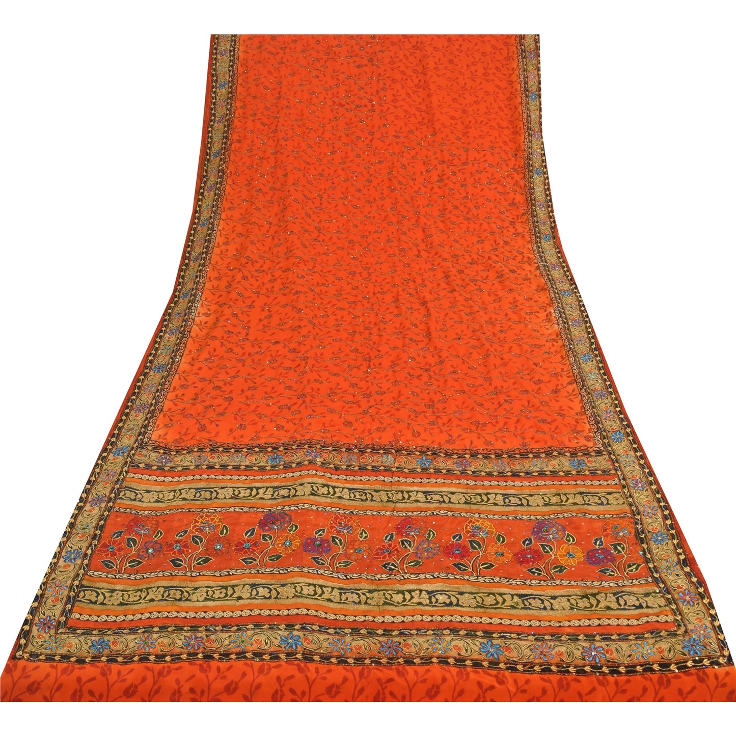 Sanskriti Vintage Sarees Orange Hand Beaded Pure Crepe Silk Printed Sari Fabric