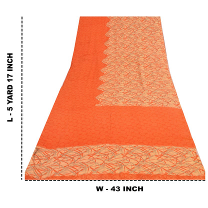 Sanskriti Vintage Sarees Orange Pure Crepe Silk Printed Sari 5yd Craft Fabric