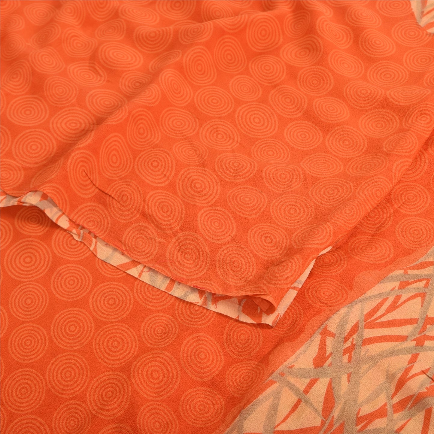 Sanskriti Vintage Sarees Orange Pure Crepe Silk Printed Sari 5yd Craft Fabric