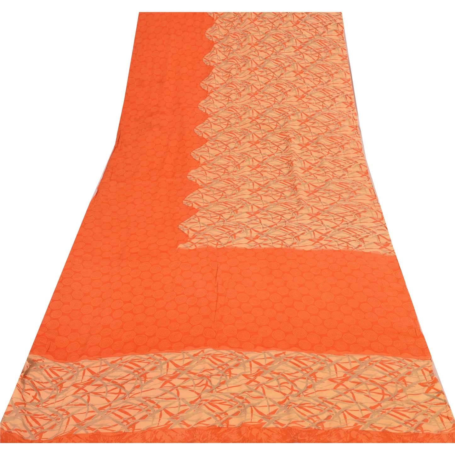 Sanskriti Vintage Sarees Orange Pure Crepe Silk Printed Sari 5yd Craft Fabric