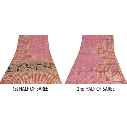 Sanskriti Vintage Sarees Pink Pure Crepe Silk Printed Sari 5yd Craft Fabric