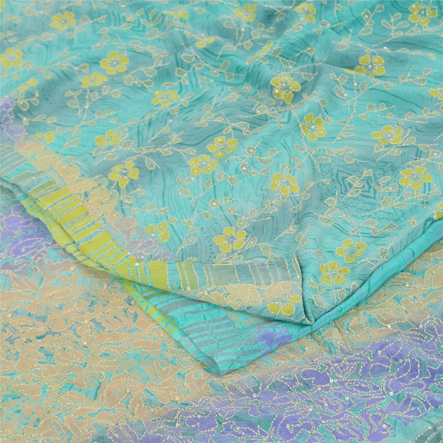 Sanskriti Vintage Sarees Sea-Green Pure Crepe Silk Printed Sari 5yd Craft Fabric