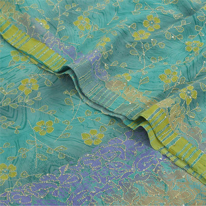 Sanskriti Vintage Sarees Sea-Green Pure Crepe Silk Printed Sari 5yd Craft Fabric