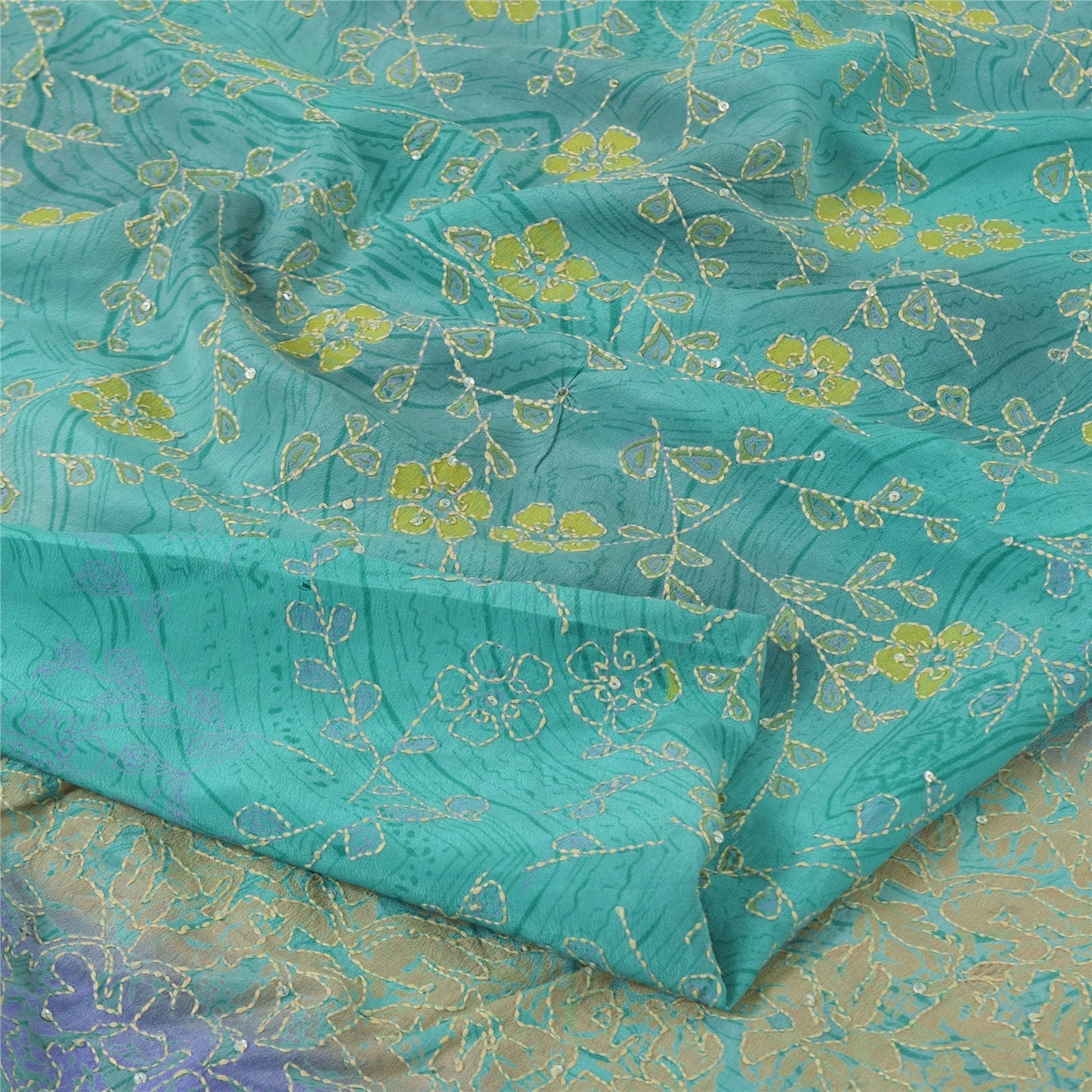 Sanskriti Vintage Sarees Sea-Green Pure Crepe Silk Printed Sari 5yd Craft Fabric