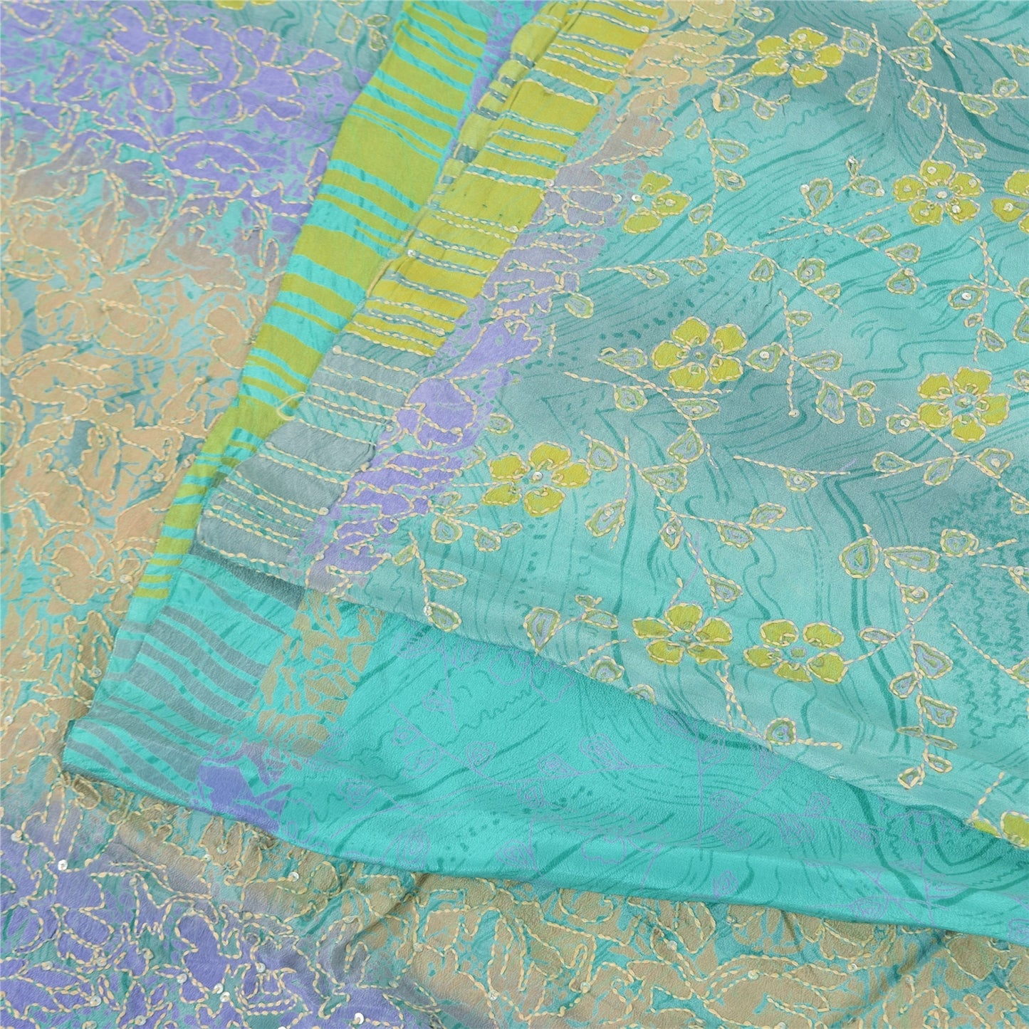 Sanskriti Vintage Sarees Sea-Green Pure Crepe Silk Printed Sari 5yd Craft Fabric