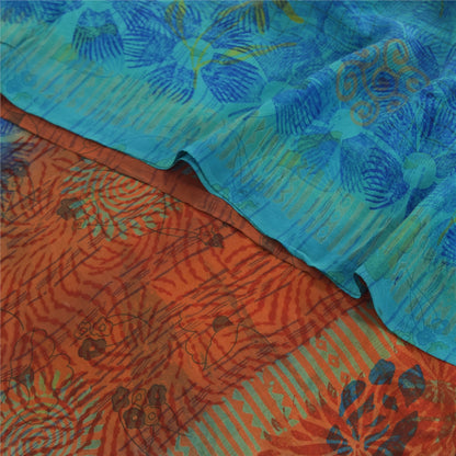 Sanskriti Vintage Sarees Orange/Blue Pure Crepe Silk Print Sari 6yd Craft Fabric