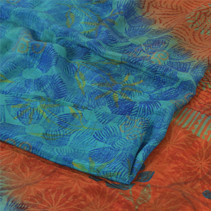 Sanskriti Vintage Sarees Orange/Blue Pure Crepe Silk Print Sari 6yd Craft Fabric