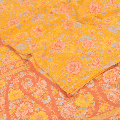 Sanskriti Vintage Sarees Yellow Pure Crepe Silk Printed Sari 5yd Craft Fabric