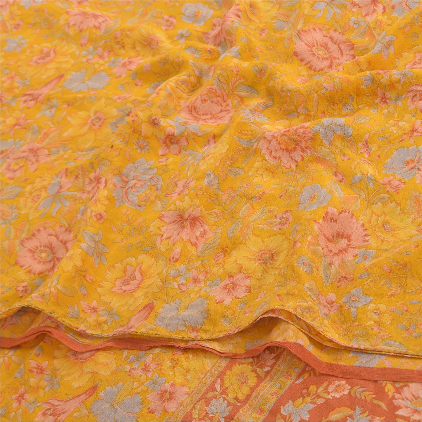 Sanskriti Vintage Sarees Yellow Pure Crepe Silk Printed Sari 5yd Craft Fabric