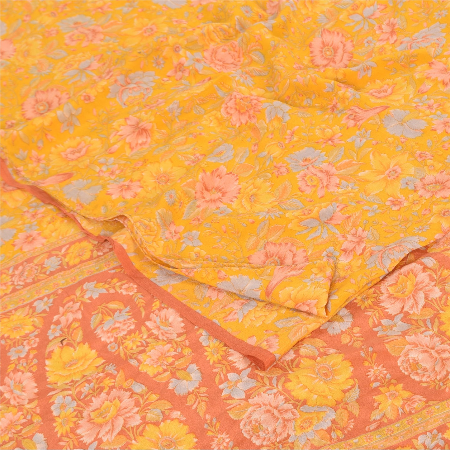 Sanskriti Vintage Sarees Yellow Pure Crepe Silk Printed Sari 5yd Craft Fabric