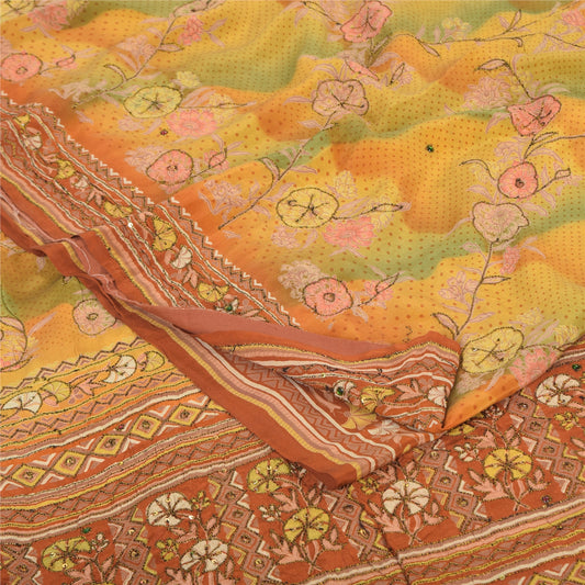 Sanskriti Vintage Sarees Multicolor Pure Crepe Silk Print Sari 5yd Craft Fabric