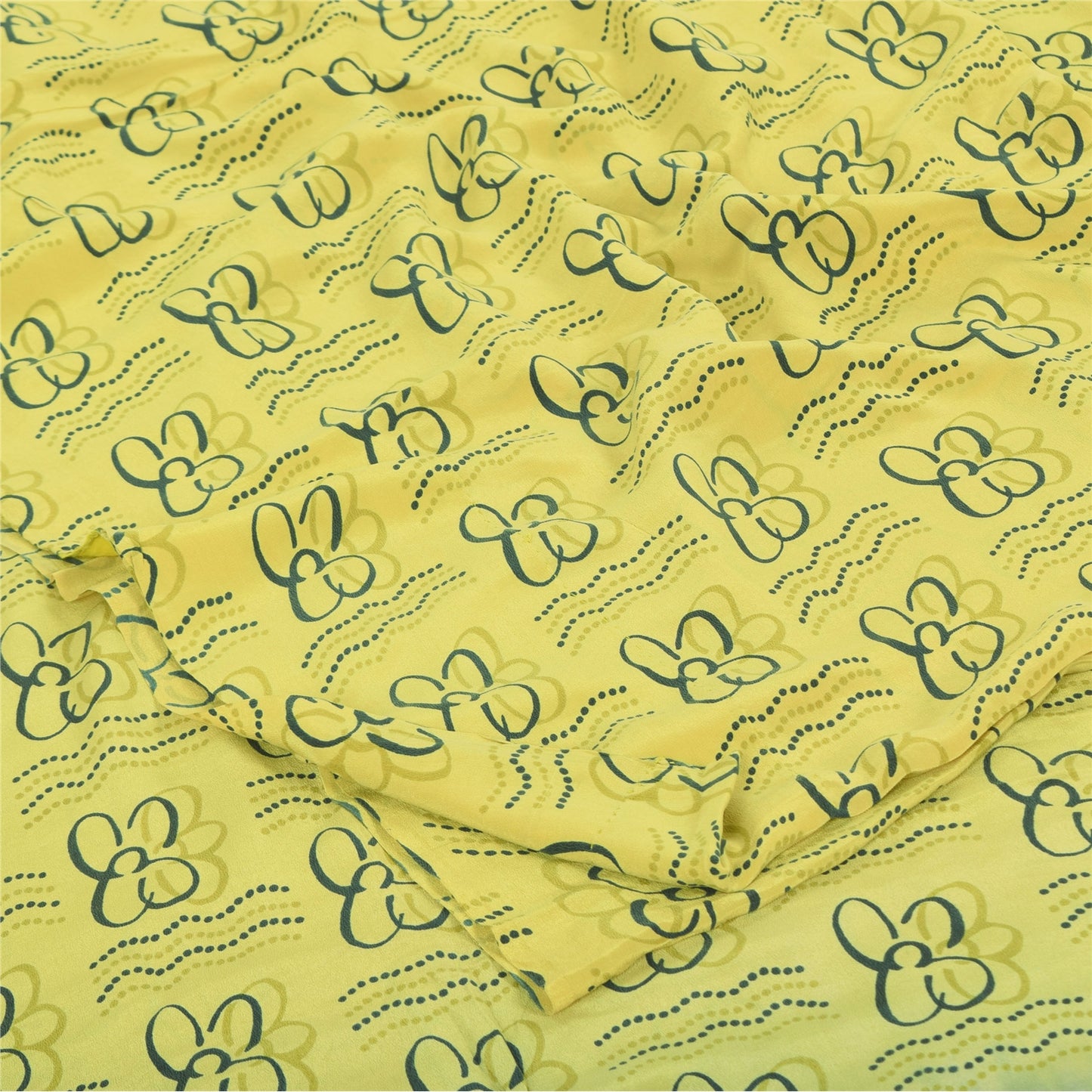 Sanskriti Vintage Sarees Lemon Yellow Pure Crepe Silk Printed Sari Craft Fabric