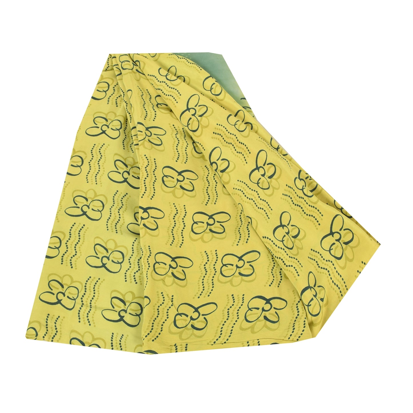 Sanskriti Vintage Sarees Lemon Yellow Pure Crepe Silk Printed Sari Craft Fabric