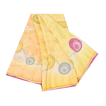 Sanskriti Vintage Sarees Yellow/Peach Pure Crepe Printed Sari 5yd Craft Fabric