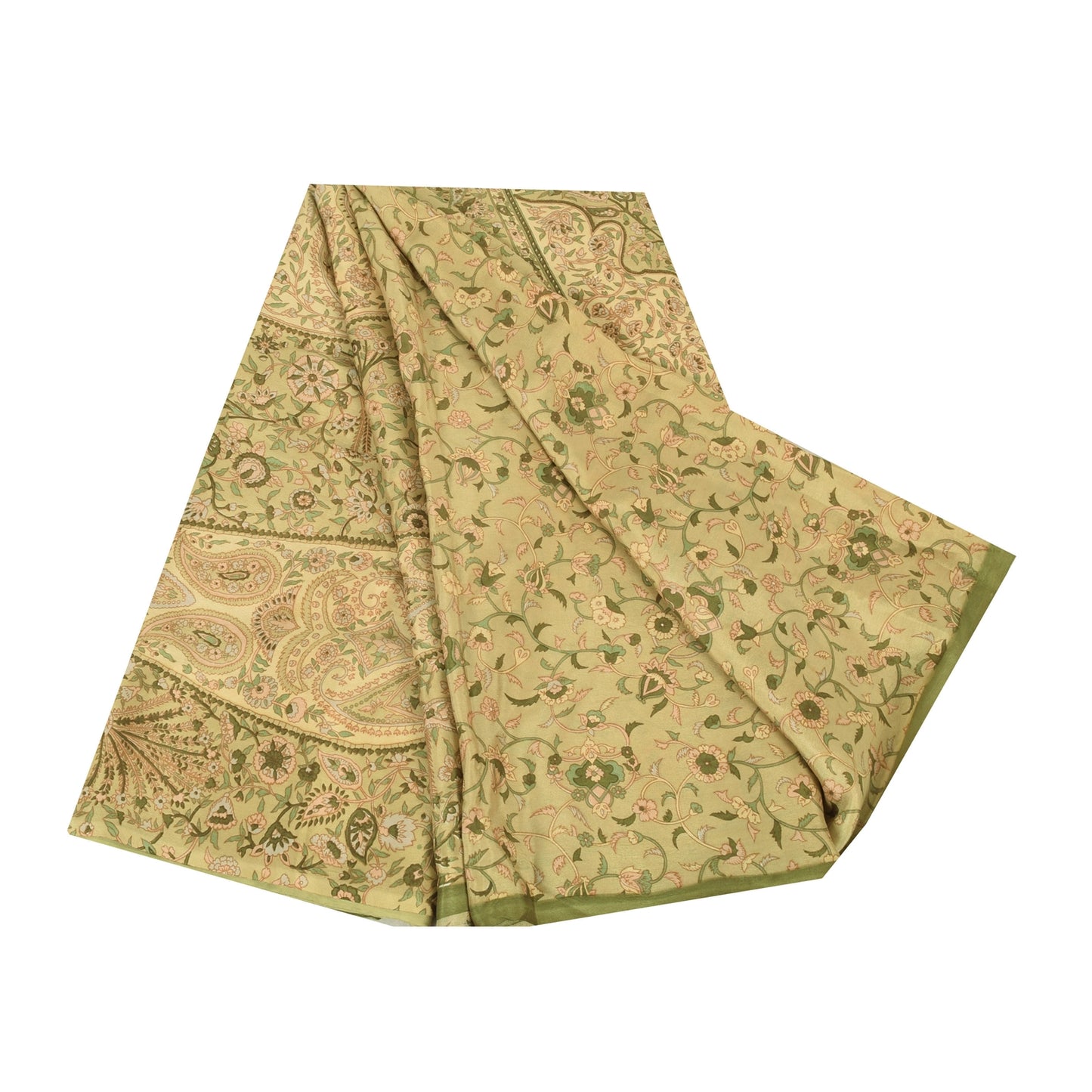 Sanskriti Vintage Sarees Cream Pure Crepe Silk Printed Sari 7yd Craft Fabric