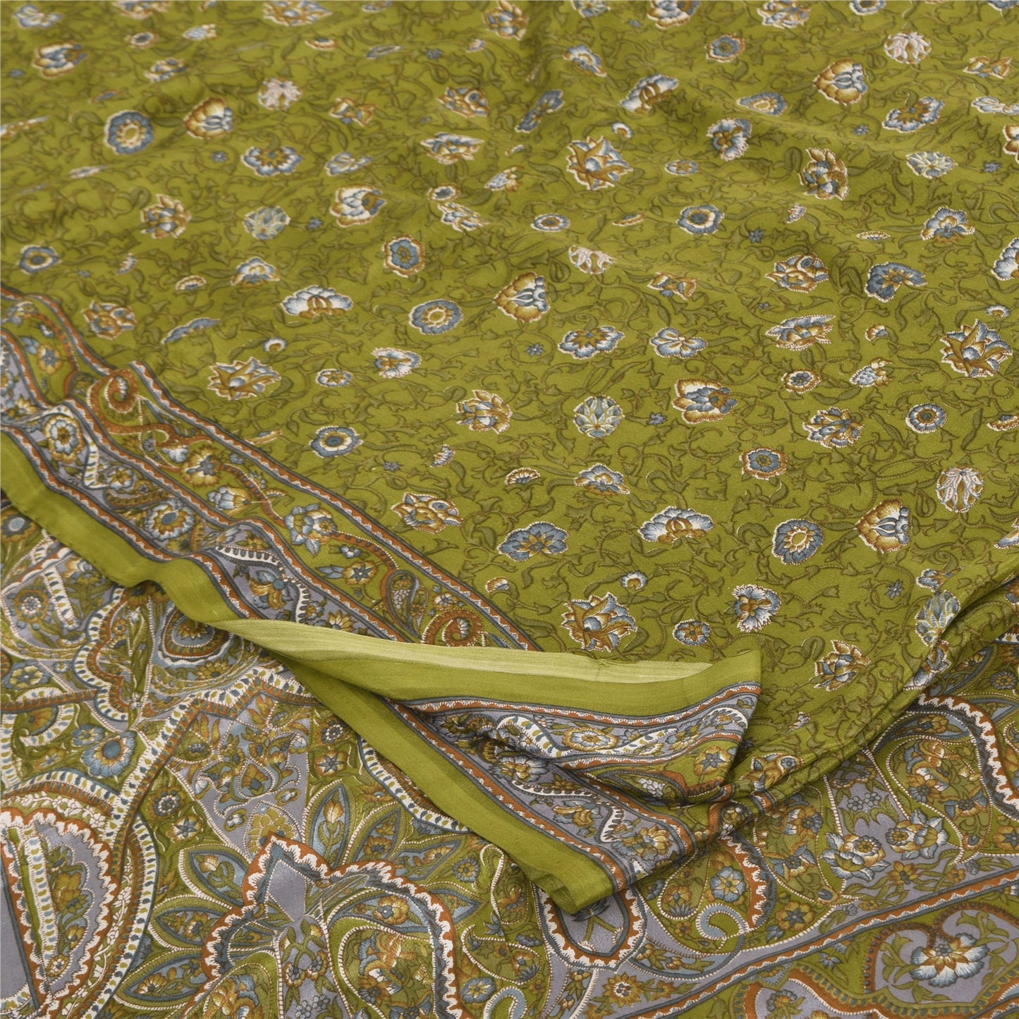 Sanskriti Vintage Sarees Green Pure Crepe Silk Printed Sari 6yd Craft Fabric