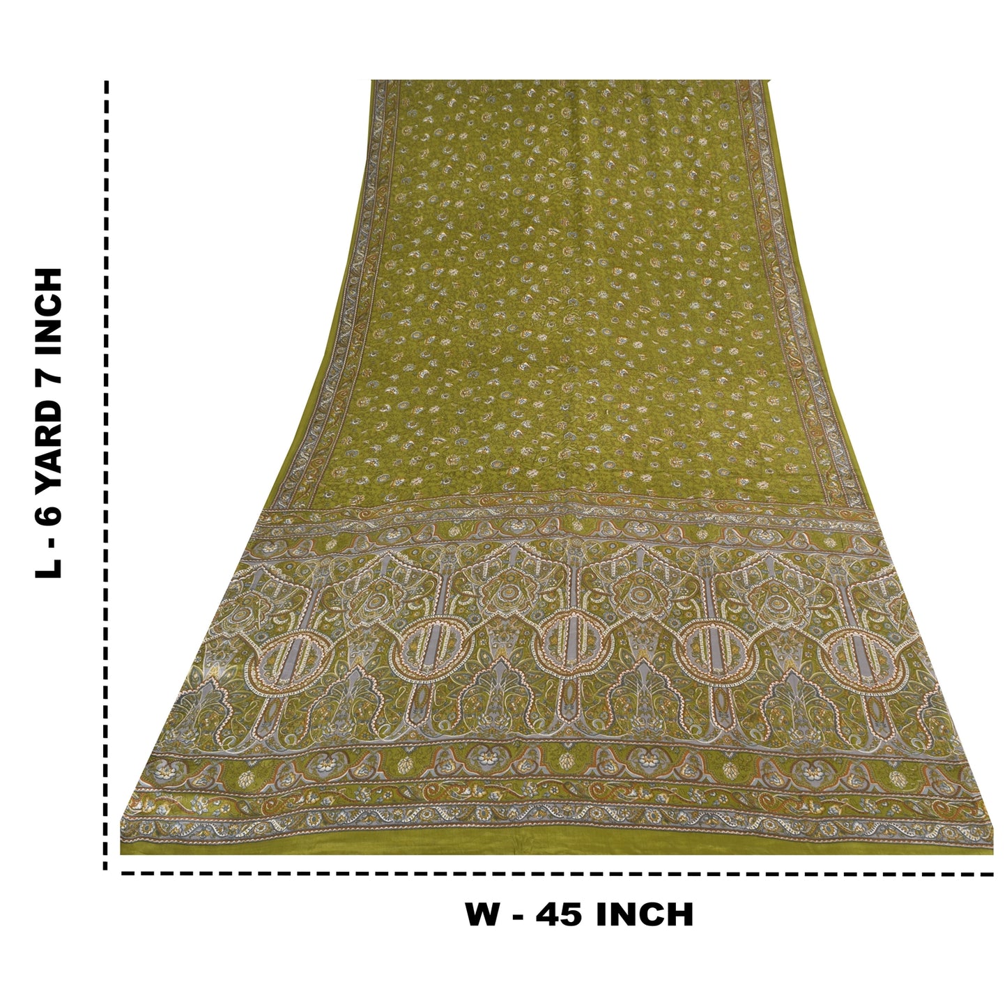 Sanskriti Vintage Sarees Green Pure Crepe Silk Printed Sari 6yd Craft Fabric