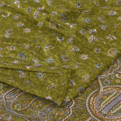 Sanskriti Vintage Sarees Green Pure Crepe Silk Printed Sari 6yd Craft Fabric