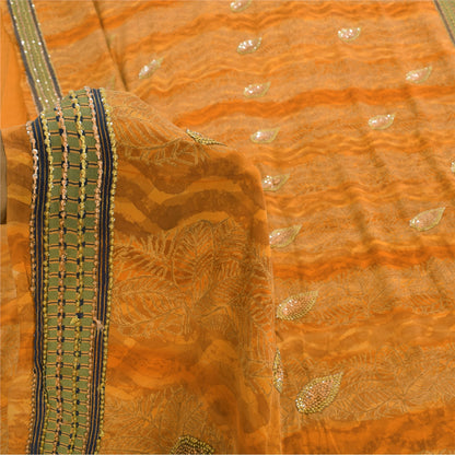 Sanskriti Vintage Sarees Saffron Hand Beaded Pure Crepe Printed Sari 5yd Fabric