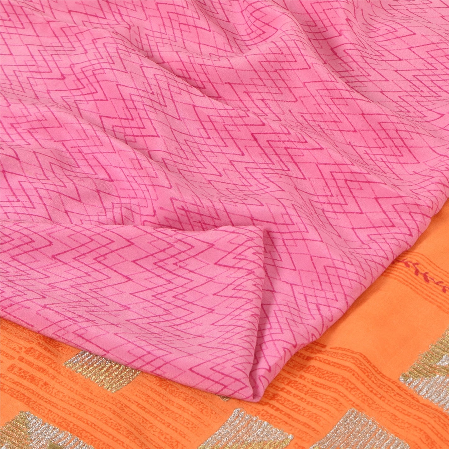 Sanskriti Vintage Sarees Pink/Orange Embroidered Pure Crepe Printed Sari Fabric